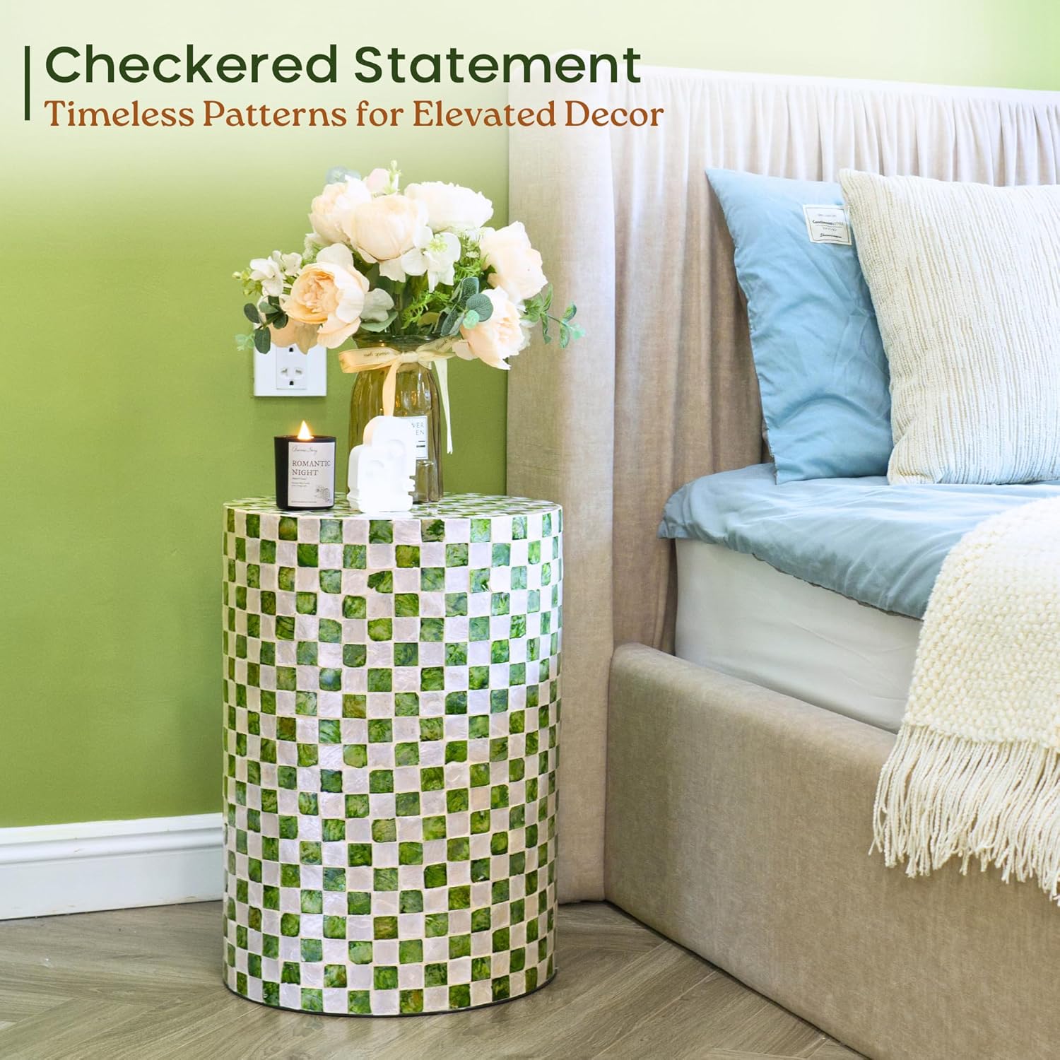 Chi An Home 19.3” Checkered Capiz Shells Drum End Table, Decorative Cylinder Side Table & Garden Stool, Round Pedestal Accent Table for Living Room, Bedroom, Indoor & Outdoor (Pistachio Green)