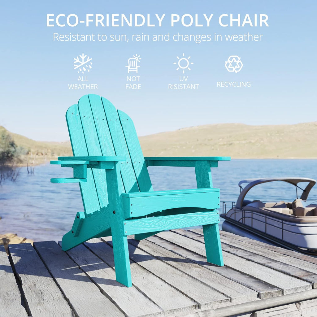 LUE BONA Folding Adirondack Chair Set of 2, HDPS Weather Resistant Outdoor Patio Chair for Balcony Garden, 350lbs Heavy Duty, One-Step No-Pin Folding, Wood Grain Texture, Fire Pit Seating, Aruba Blue