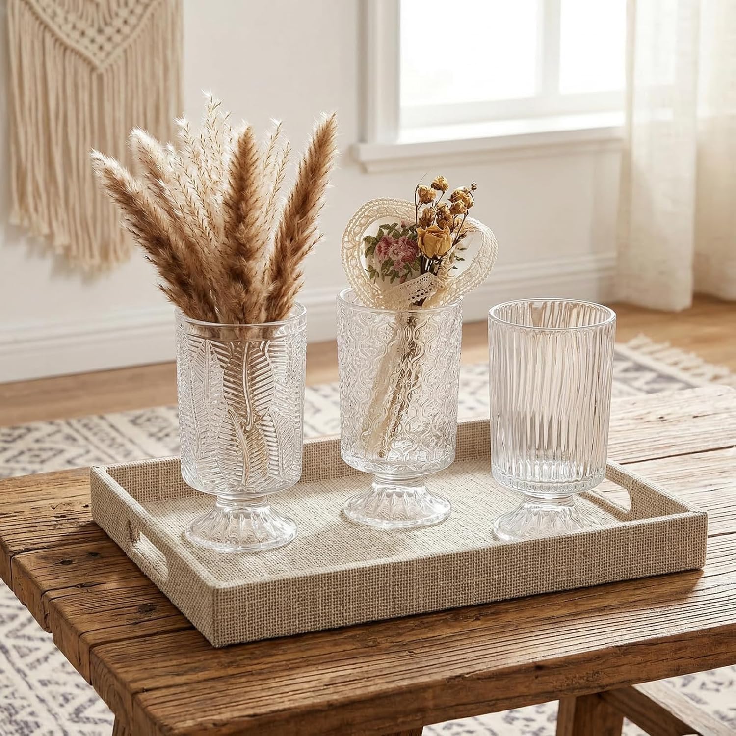 Pumtus 3 Pack Flower Vases for Centerpieces, Vintage Glass Pedestal Vase Set, Decorative Embossed Big Base Vase, Clear Hurricane Candle Holder, Medium Cylinder Vase for Wedding, Home, Party, Office