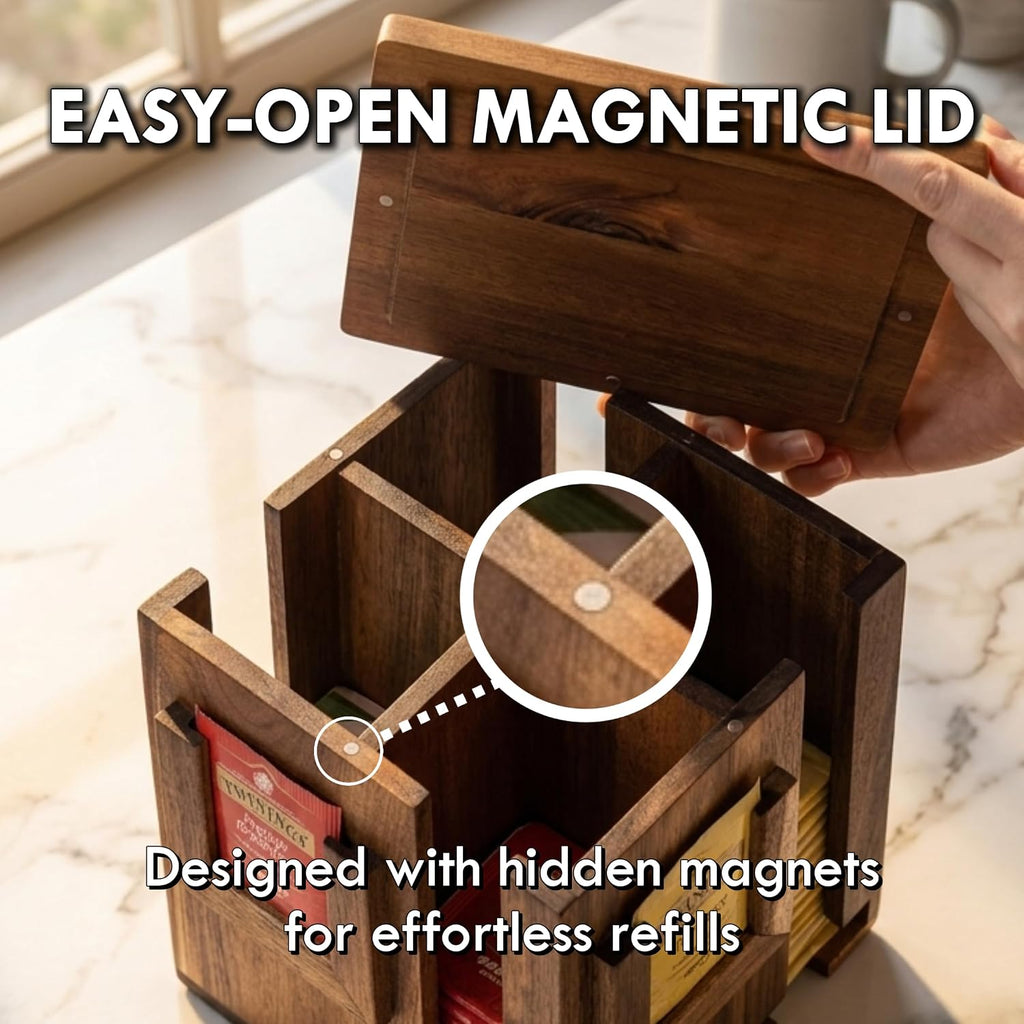 Rotating Tea Bag Organizer, Acacia Wood, 4-Sided | Storage Box, For Home or Office, 4-Sided Rotating Design