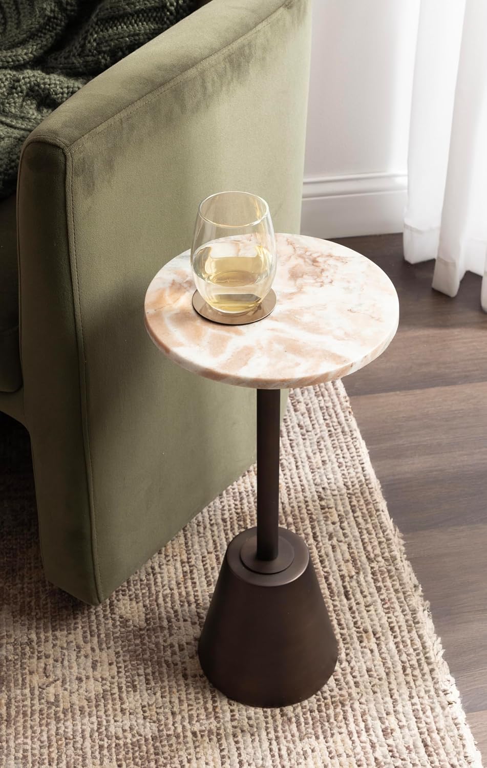 Kate and Laurel Tira Elegant Round Drink Table, 10 x 10 x 22, Brown Marble and Bronze, Modern Glam Circle Martini Table for Use as a Small Bedroom Nightstand or Living Room Plant Stand Option