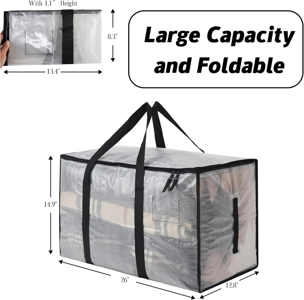 6-Pack Extra Large Clear Moving Bags with Zippers, 93L Heavy Duty Storage Totes with Wrap-Around Handles, Collapsible Clothes & Holiday Storage Bins Alternative (100lb Capacity)