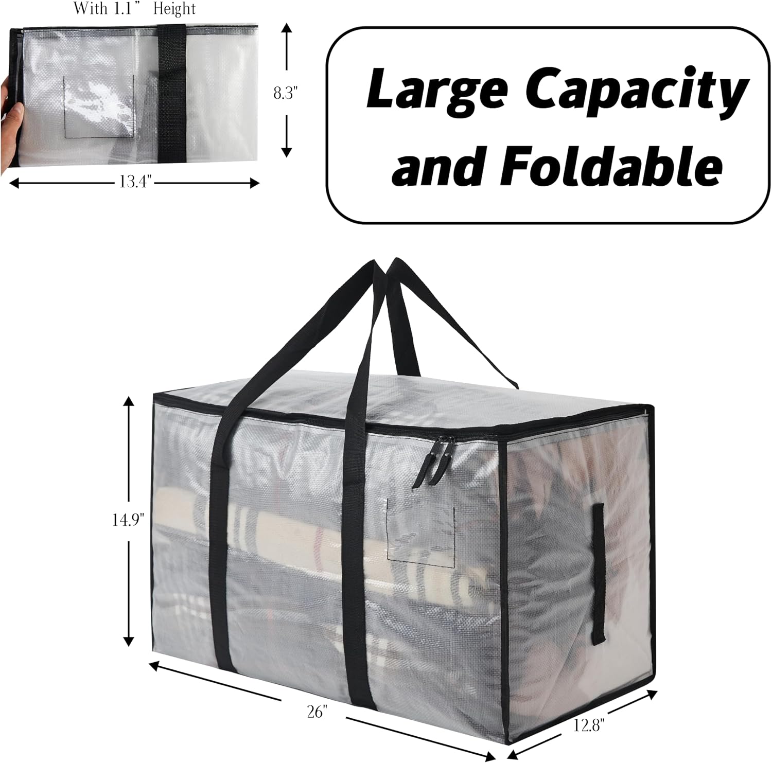 6-Pack Extra Large Clear Moving Bags with Zippers, 93L Heavy Duty Storage Totes with Wrap-Around Handles, Collapsible Clothes & Holiday Storage Bins Alternative (100lb Capacity)