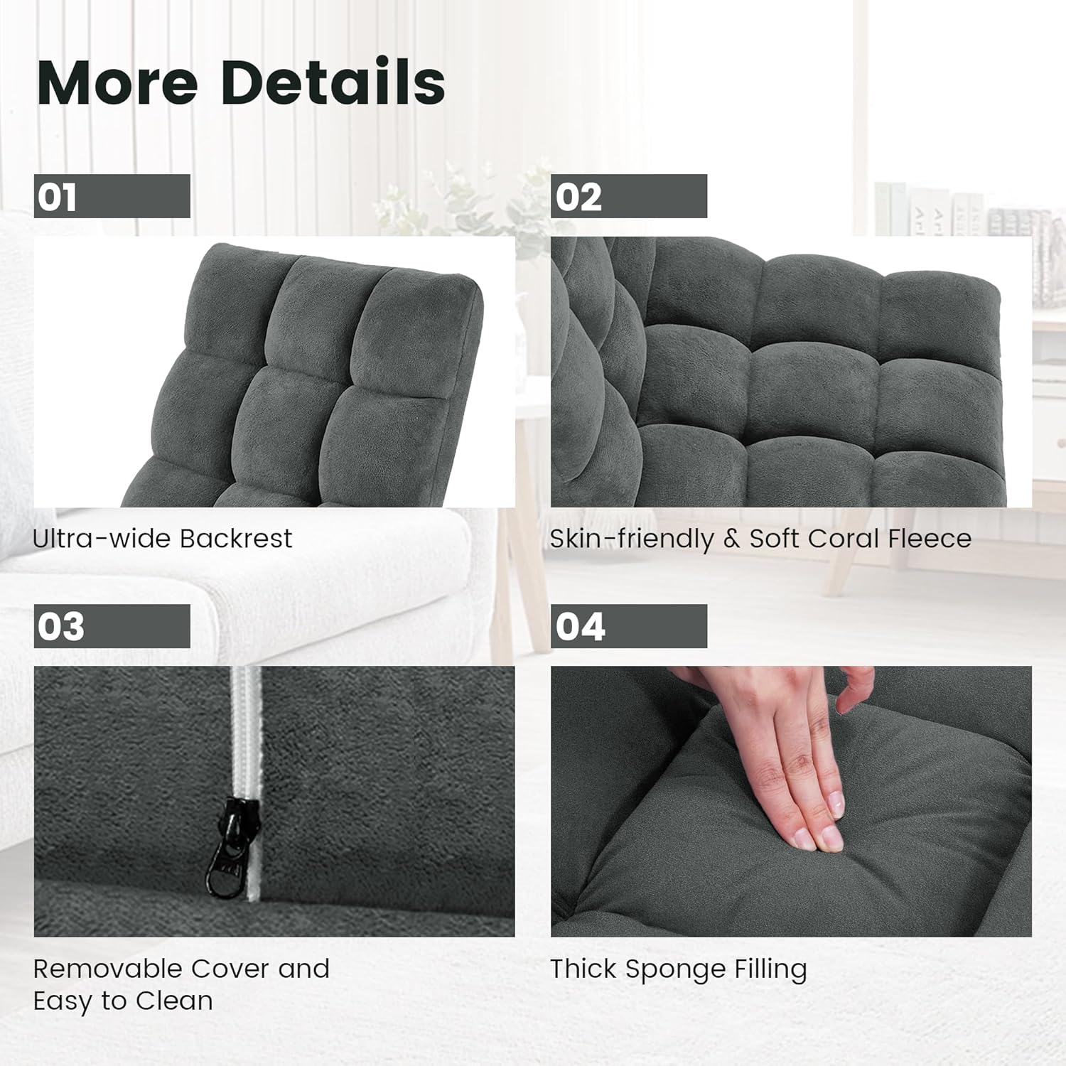 Murago Folding Floor Chair with Back Support for Adults, Adjustable Japanese Meditation; Portable Gaming Chair Recliner Seat with Comfy Cushion, for Teens, Dark Grey