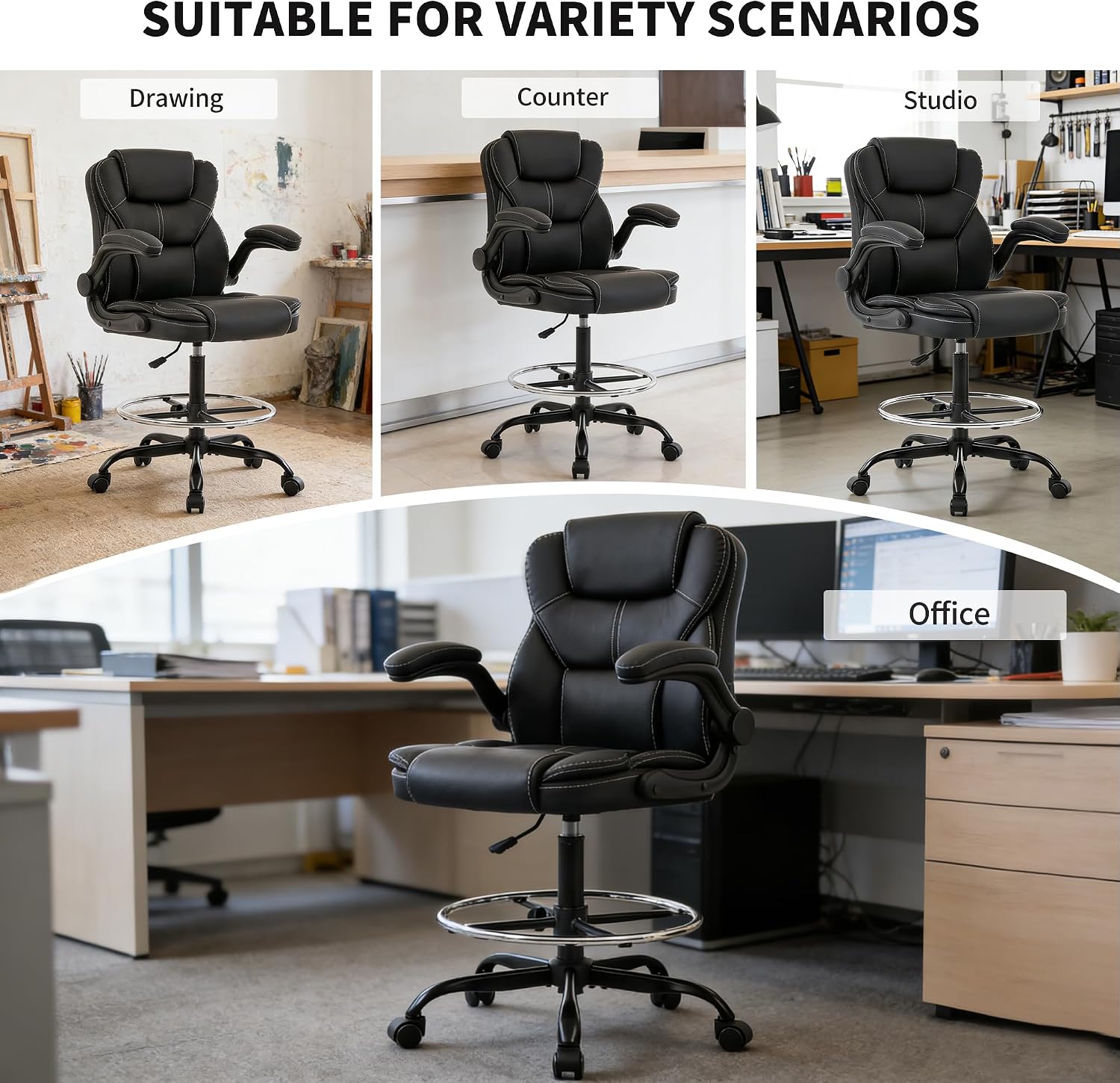 Drafting Chair Tall Office Chair for Standing Desk, 500lbs Heavy Duty Executive Chair with Flip-up Arms, 3D Contoured Leather Desk Chair with Adjustable Foot Ring & Height for Counter Height Desk