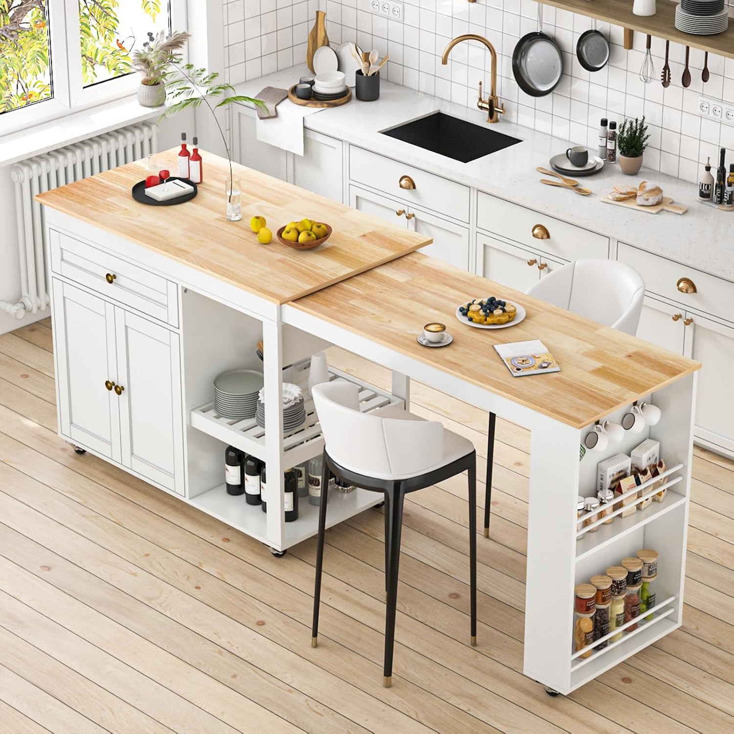 JassmiPkwy 78'' Rolling Kitchen Island with Extendable Dining Table for 4, Kitchen Islands on Wheels w/Pull Out Table, Drawer, 2-Tier Storage Shelf, Hooks, White