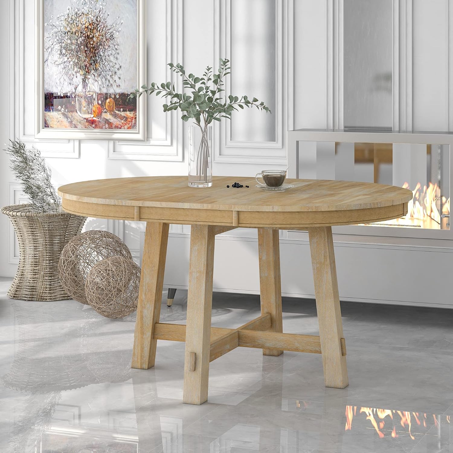 ERYE Farmhouse Style Wooden Dining Table 42-Inch Functional Extendable Round Dining Table with 16" Leaf and X-Cross Legs,Oval Wooden Diningtable for Home Apartment Diningroom, Natural Wood Wash