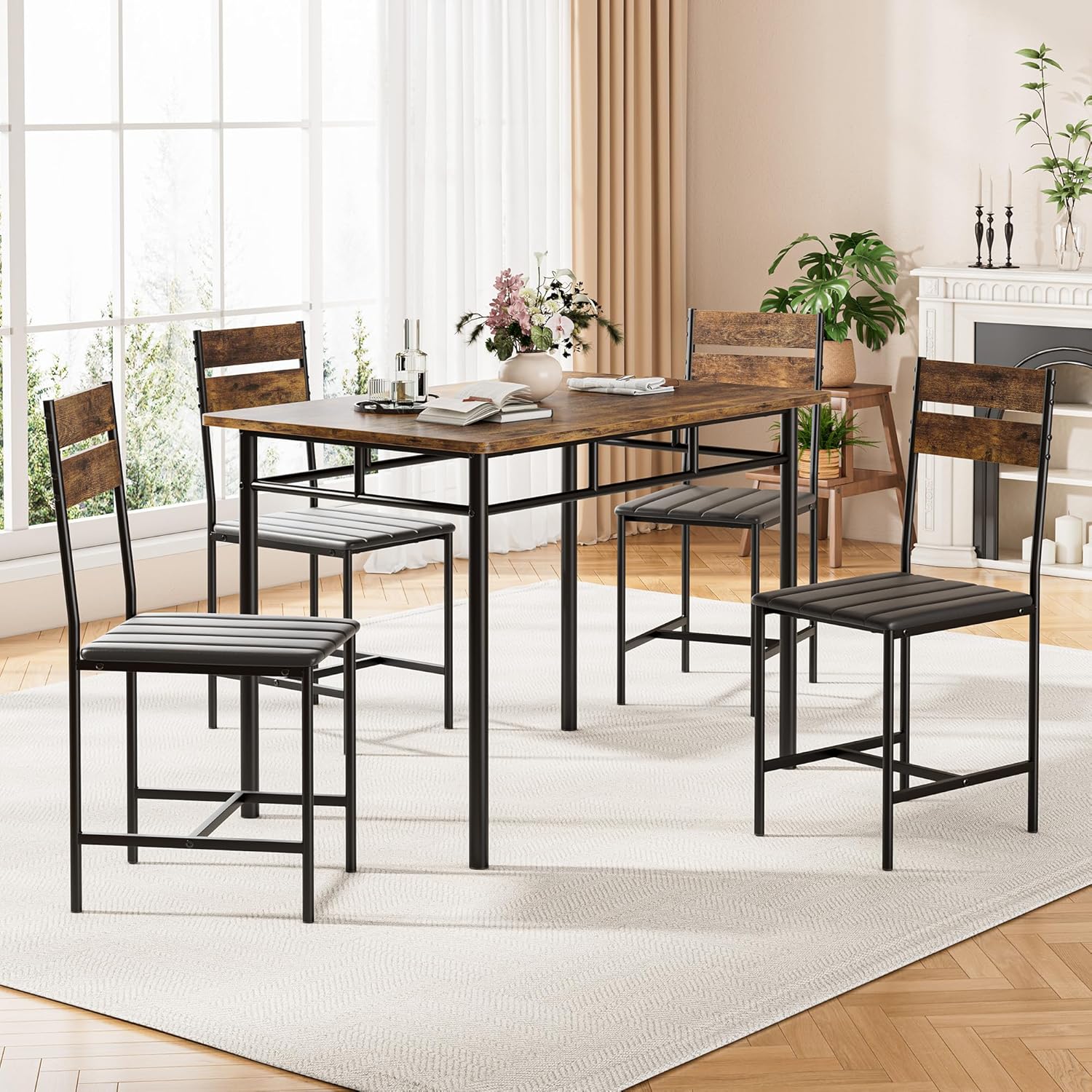 Dining Table Set for 4, Kitchen Table and Chairs for 4, Kitchen Table with 4 PU Leather Upholstered Dining Room Chairs for Kitchen Room and Small Spaces, Rustic Brown