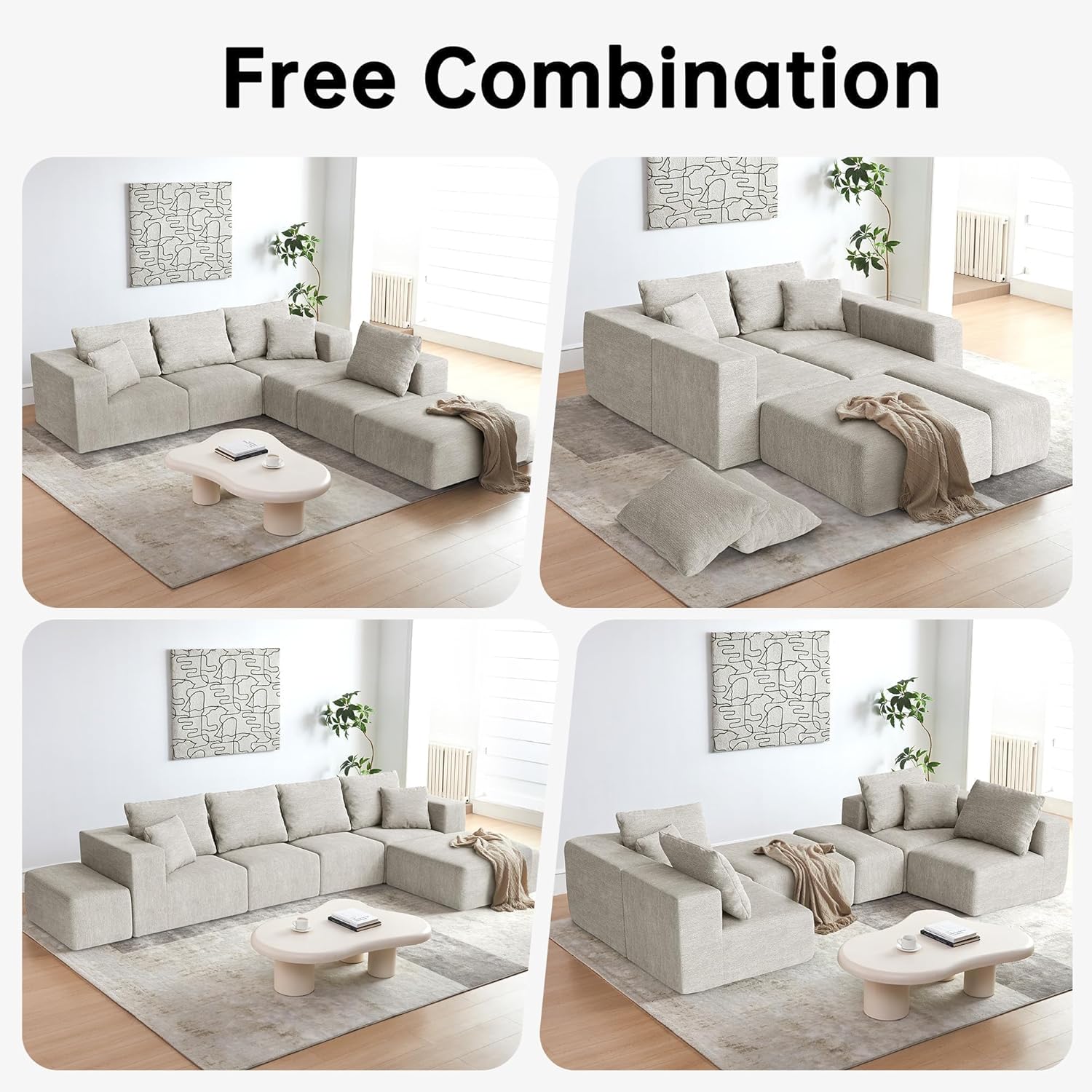 150" Modern Boneless Sectional Couches for Living Room,Oversized Modular Sectional Sofa,Extra Deep 6 Seater,Plush Comfy Cloud Couch with Flexible Layout,No Assembly Required,Beige Chenille