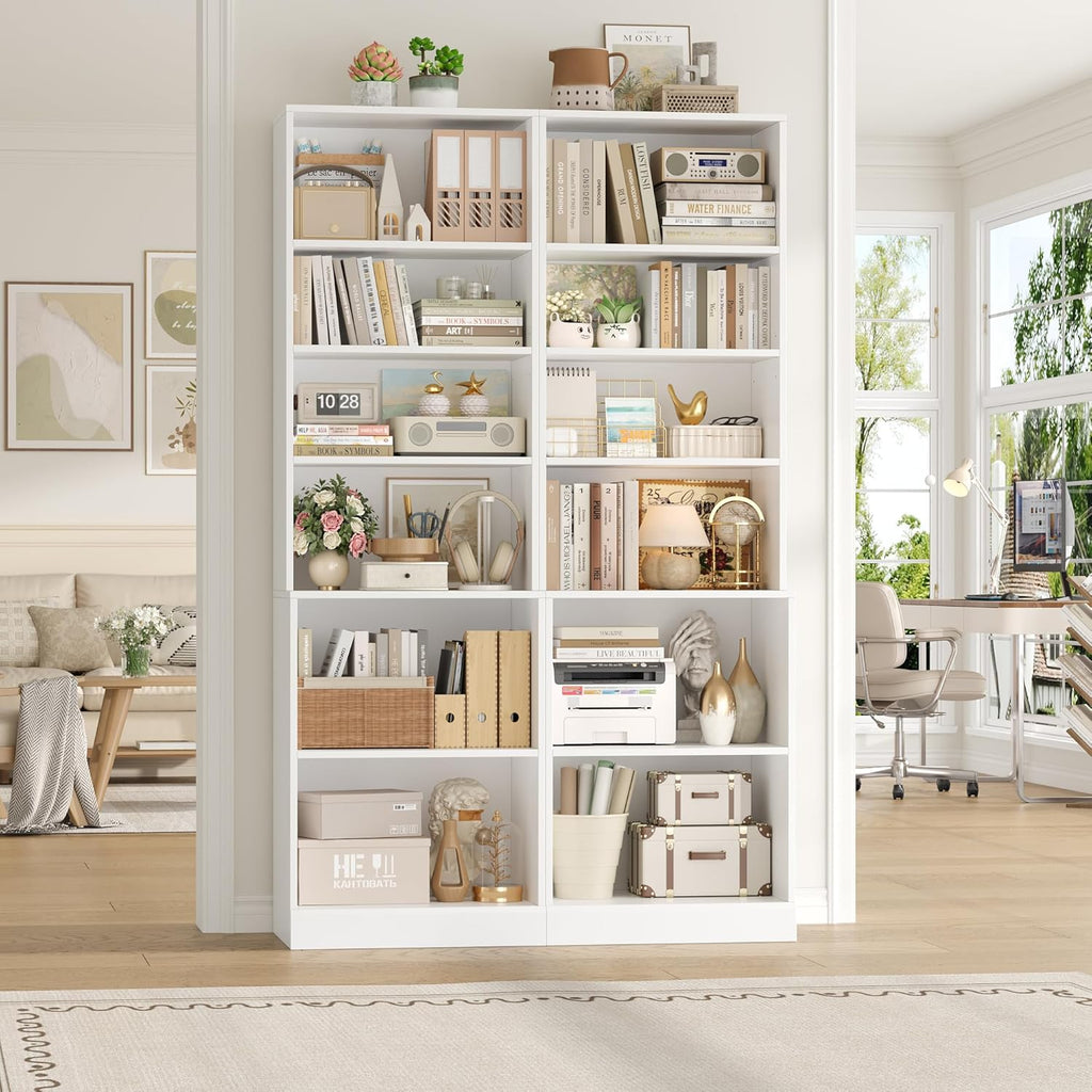 FACBOTALL 73.2" Tall Bookshelf and Bookcase, 6-Tier Open Bookshelf with Storage, Deep Bookshelf with Adjustable Shelf, Freestanding Display Storage Shelves for Living Room, Home Office, Study, White