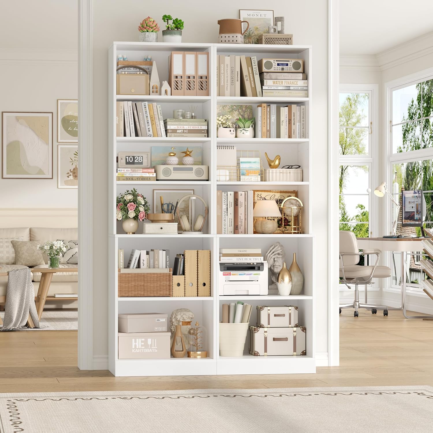 FACBOTALL 73.2" Tall Bookshelf and Bookcase, 6-Tier Open Bookshelf with Storage, Deep Bookshelf with Adjustable Shelf, Freestanding Display Storage Shelves for Living Room, Home Office, Study, White
