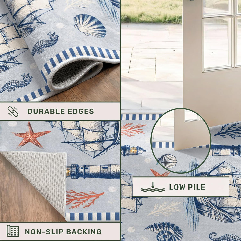 Vintage Nautical Lighthouse Entryway Runner Rug 2' x 5', Coastal Beach Sailing Ship Blue Striped Border Kitchen Floor Carpets, Non-Slip Low-Profile Door Mat for Farmhouse Hallway Dining Room