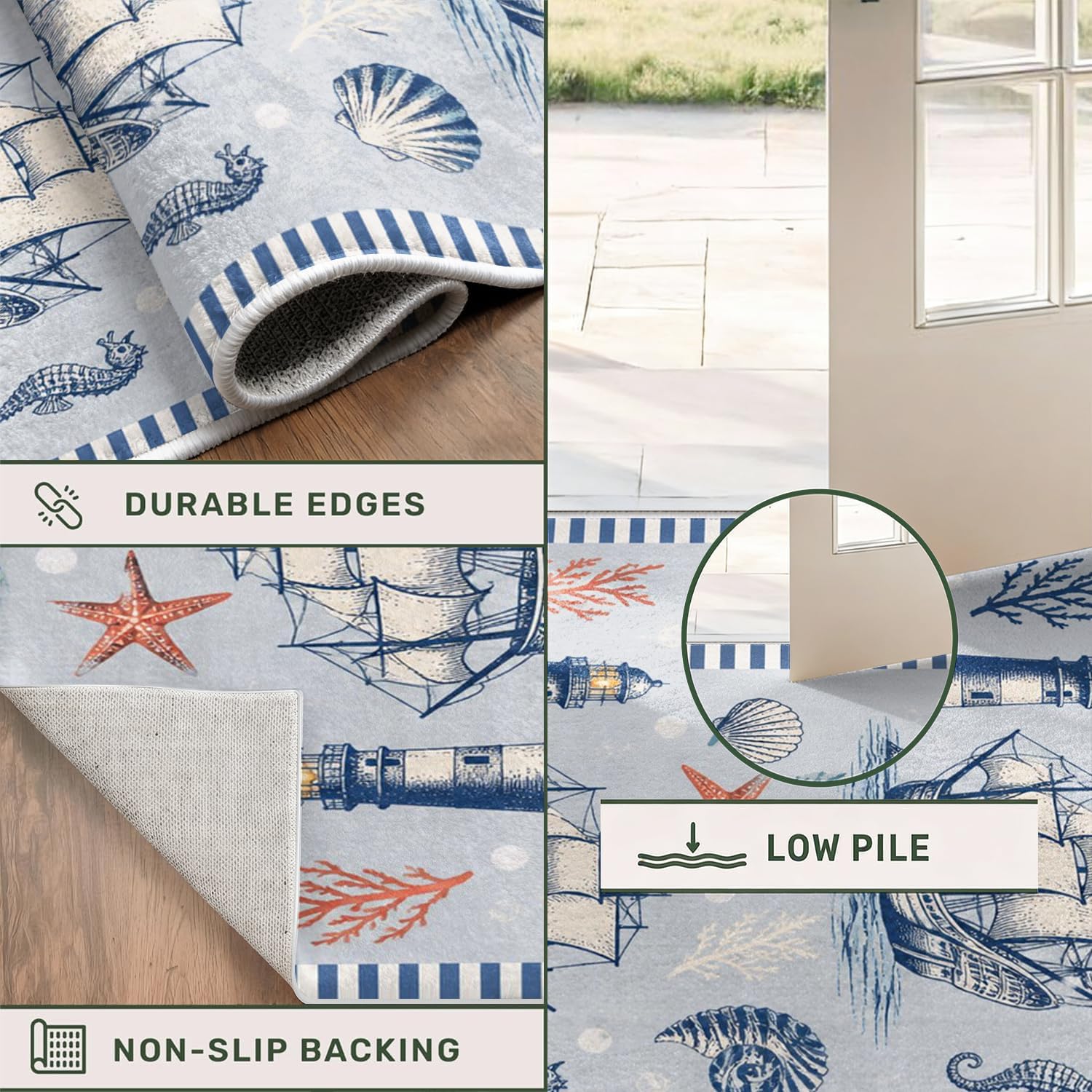 Vintage Nautical Lighthouse Entryway Runner Rug 2' x 5', Coastal Beach Sailing Ship Blue Striped Border Kitchen Floor Carpets, Non-Slip Low-Profile Door Mat for Farmhouse Hallway Dining Room