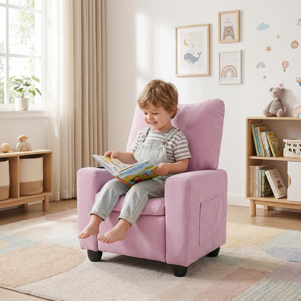 HONEY JOY Kids Recliner with Cup Holder, Chenille Fabric Upholstered Push Back Toddler Sofa w/Storage Pockets, Adjustable Backrest & Footrest, Child Reclining Chair for Ages 3+, Pink