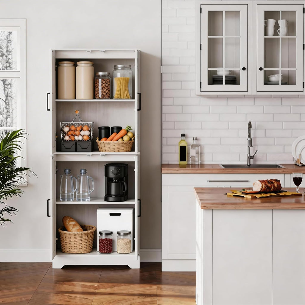 Farmhouse Pantry Cabinet, 71" Tall Wood Kitchen Storage Cabinet with 4 Doors & Adjustable Shelves, Large Freestanding Food Pantry Cupboard with Anti-Tip Kit for Kitchen, Dining Room, Living Room