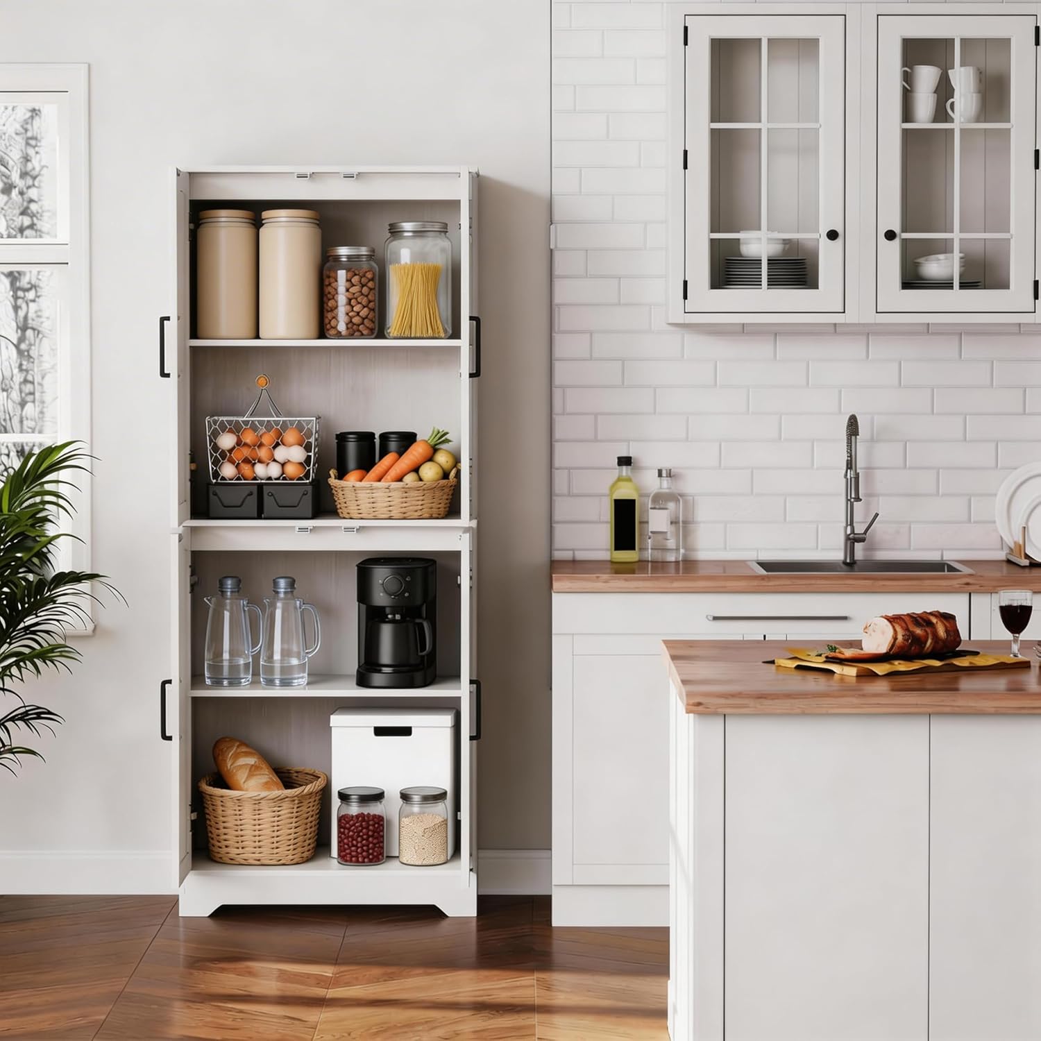 Farmhouse Pantry Cabinet, 71" Tall Wood Kitchen Storage Cabinet with 4 Doors & Adjustable Shelves, Large Freestanding Food Pantry Cupboard with Anti-Tip Kit for Kitchen, Dining Room, Living Room