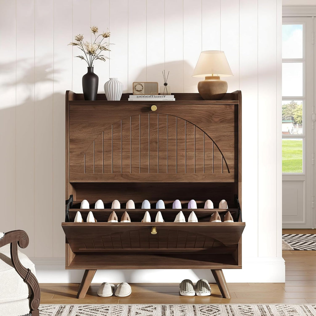 Decofy 37.6” Shoe Cabinet with 2 flip-Down Drawers, Three Adjustable Levels, Suitable for entryway, Hallway, and Living Room (Walnut)