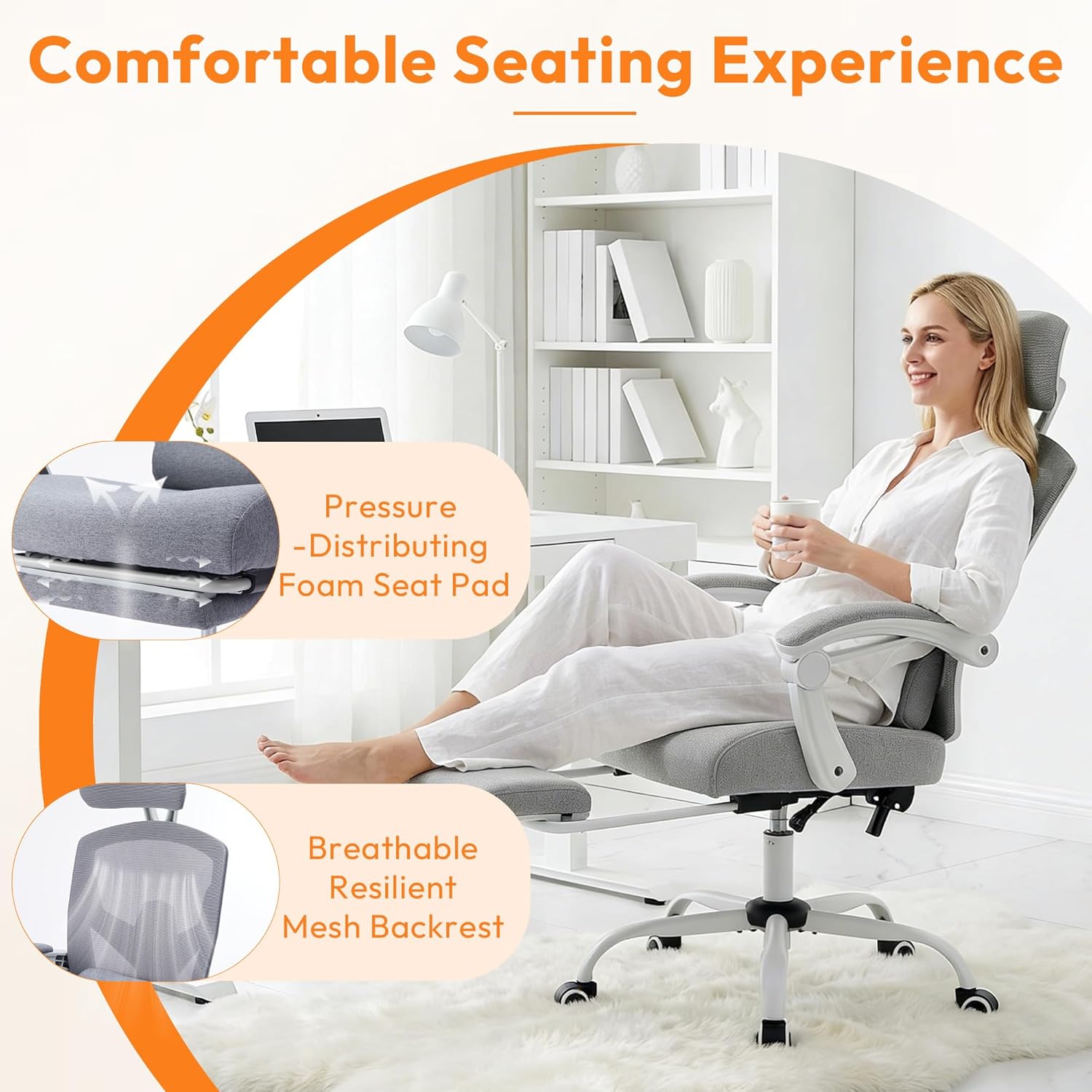 Ergonomic Office Chair with Footrest, Comfortable Desk Chair Gaming Chair with Leg Rest, Swivel Mesh Desk Chair with Headrest and Lumbar Support for Home, Office, Work, Study, Grey