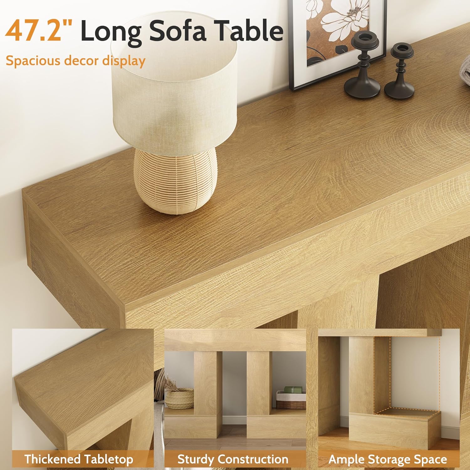 47.24-Inch Console Table, Farmhouse Sofa Table Behind Couch with Storage, Industrial Entryway Table for Living Room, Hallway, Entrance & Foyer, Natural Wood Finish