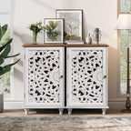 JOINICE Accent Storage Cabinet with Mandala Carved Doors,Small,White | Handcrafted Distressed Carvings,Vintage Floral Design for living room & office & bedroom,Solid Wood Legs,Adjustable Shelves