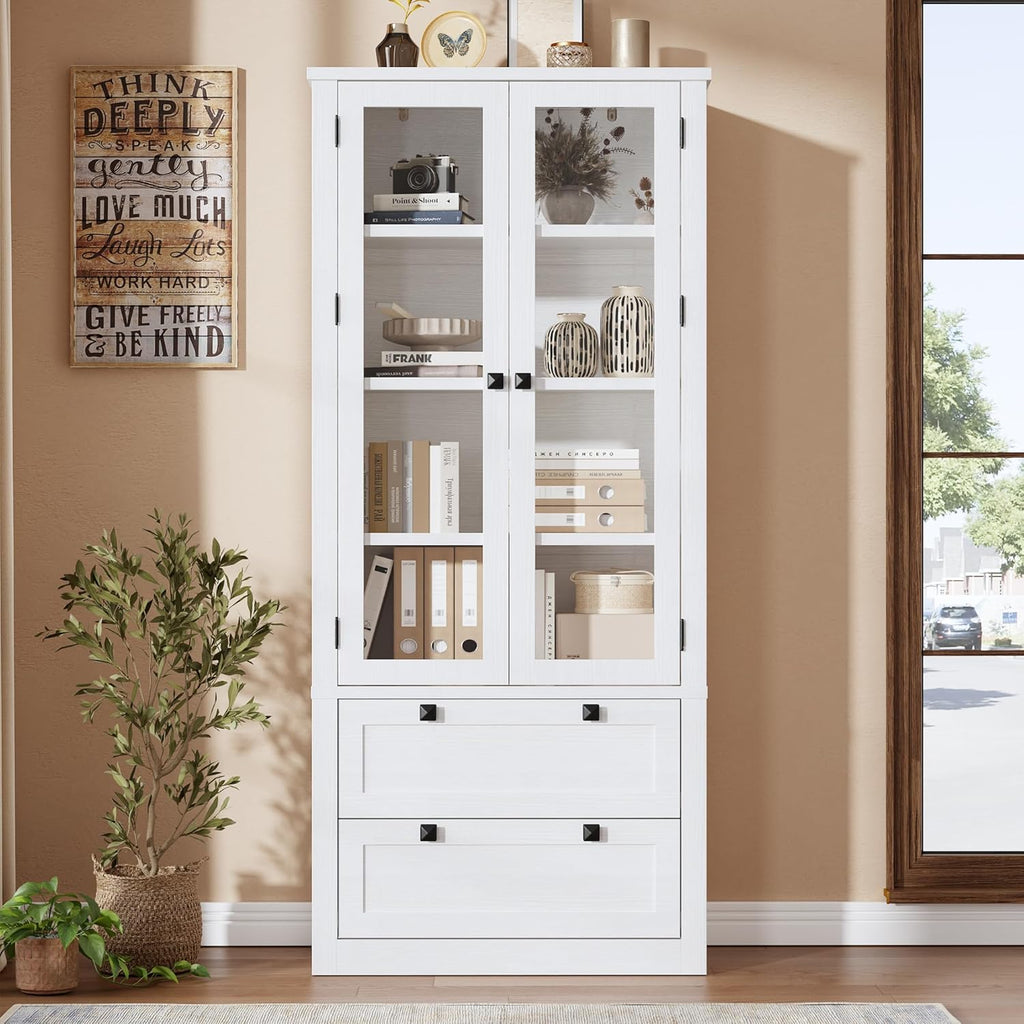 71" Tall Kitchen Pantry Cabinet - Modern Display Storage Cabinet with 2 Large Drawers, Glass Doors, and Adjustable Shelves, Farmhouse Kitchen Cupboard for Dining Room, Bathroom, Living Room, White