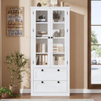 71" Tall Kitchen Pantry Cabinet - Modern Display Storage Cabinet with 2 Large Drawers, Glass Doors, and Adjustable Shelves, Farmhouse Kitchen Cupboard for Dining Room, Bathroom, Living Room, White