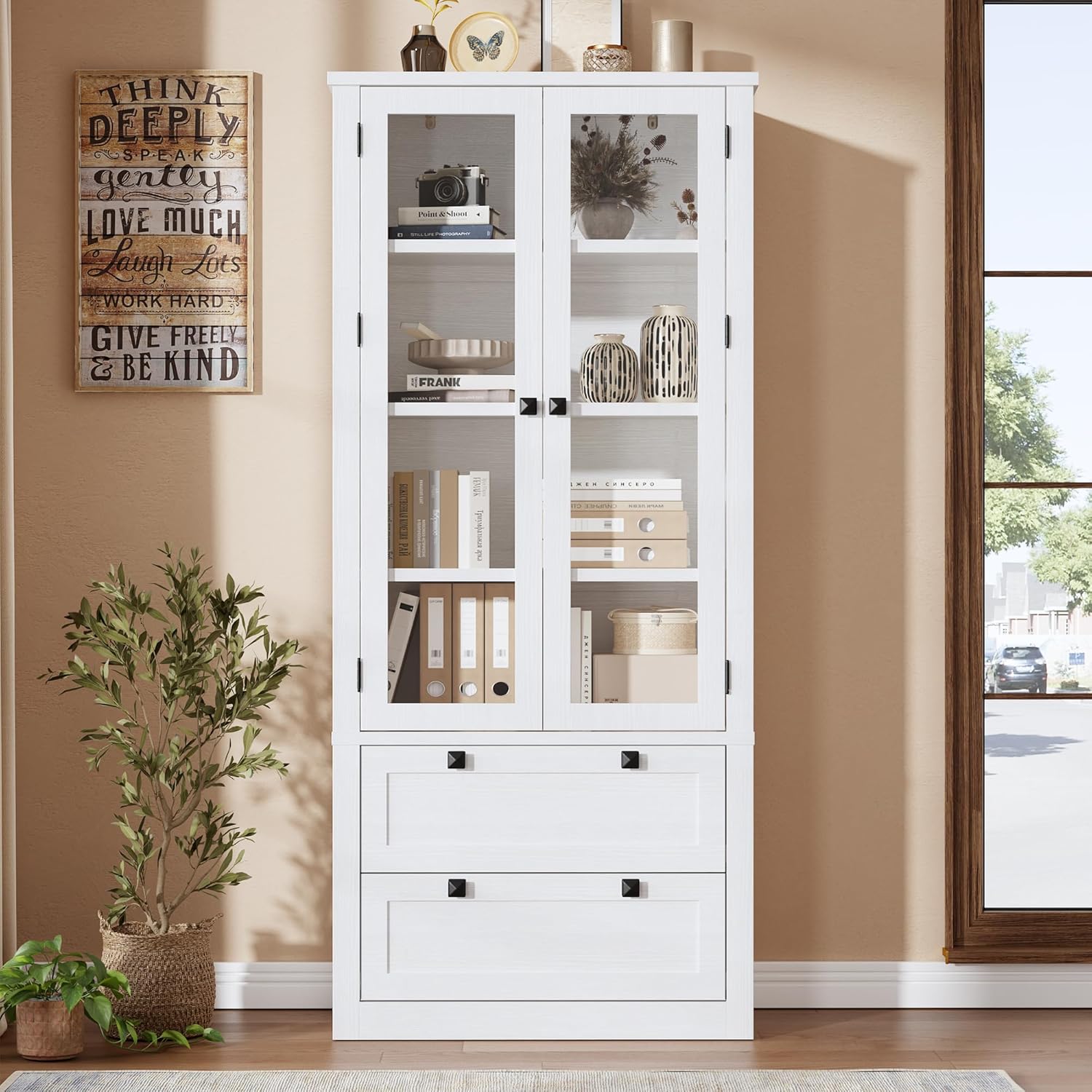 Modern Farmhouse Kitchen Pantry Cabinet with Glass Doors – 72" Tall, 2 Large Drawers, Adjustable Shelves, Versatile Storage Sideboard for Dining Room, Living Room, or Bathroom – White