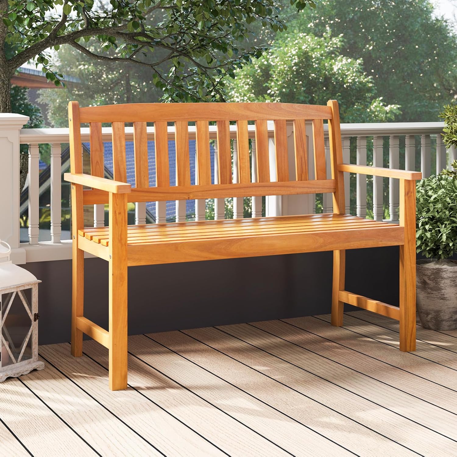 COSTWAY Wooden Bench Outdoor, Sturdy Outdoor Acacia Wood Bench for Garden, Park & Porch, 43”L x 22”W x 34”H, Teak