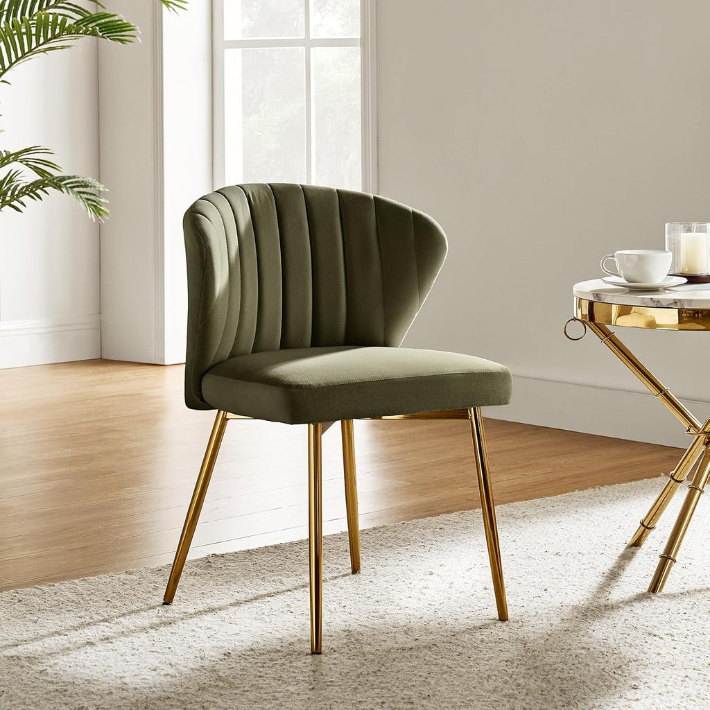 HULALA HOME Velvet Dining Chairs, Modern Small Armless Accent Chair with Gold Metal Legs, Living Room Upholstered Cute Side Chair, Elegant Tufted Back Vanity Chair for Bedroom, Moss