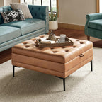 HULALA HOME Faux Leather Coffee Table, 36.5" Square Storage Ottoman with Metal Legs, Button-Tufted Coffee Table with Storage for Living Room, Camel
