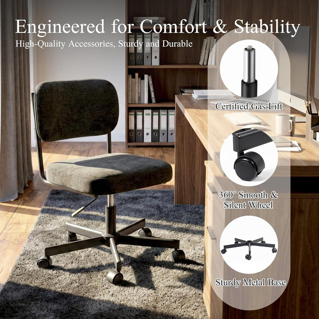 Vanity Chair with Wheels, Cute Armless Desk Chair with Back, Height Adjustable Swivel Small Office Chair, Comfy Fabric Computer Task Chair for Bedroom, Study, Dressing Room Black