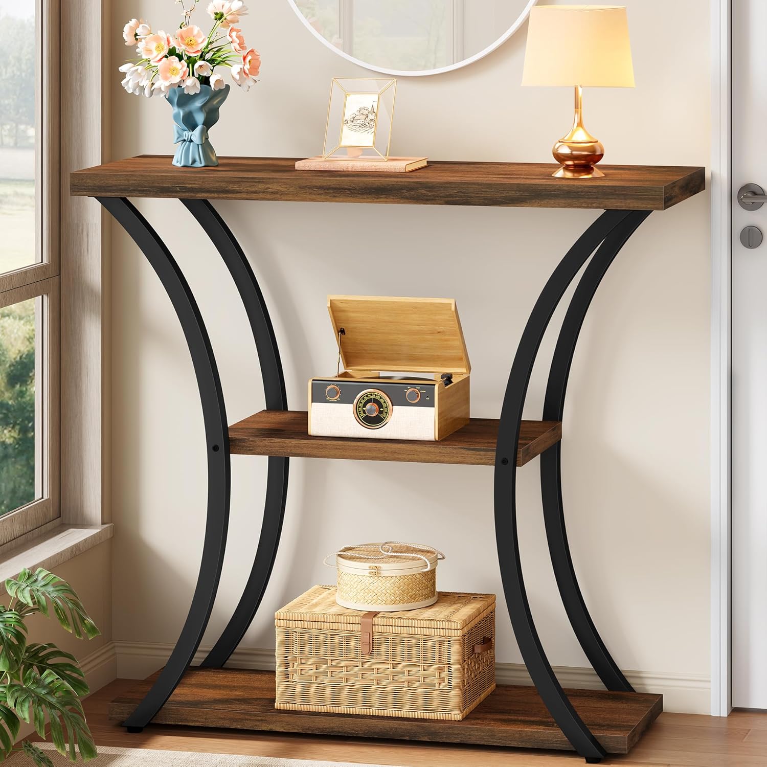 Hoctieon 3 Tier Console Table with Open Wood Shelves, Decorative Entryway Table with Curved Metal Frames, Narrow Sofa Table for Entrance, Living Room, Hallway, Rustic Brown+Black