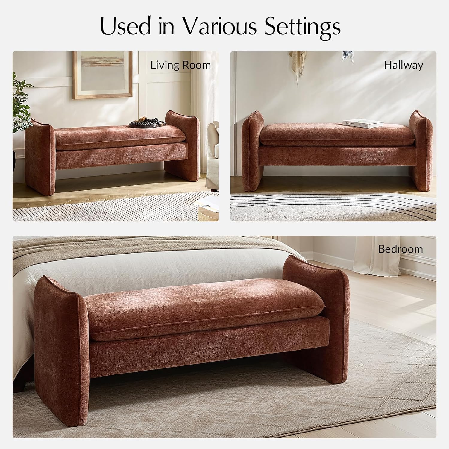 HULALA HOME 57.5" Modern Chenille Upholstered Bench, End of Bed Bench with Thick Padded Seat, Plush Cushion Bedroom Bench for Bedroom, Living Room, Rust