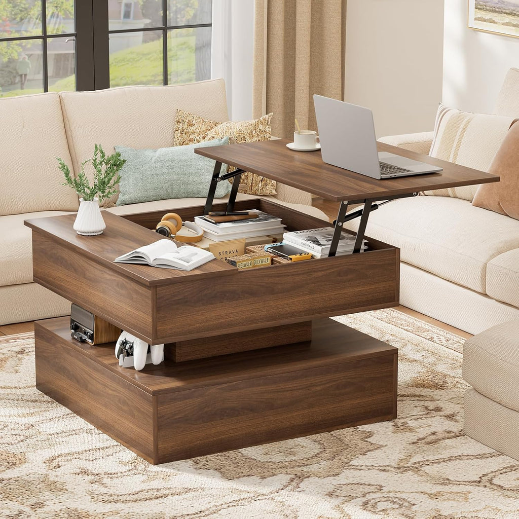 FABATO Lift Top Coffee Table with Storage and Hidden Compartment, Wood Square Coffee Table for Living Room, 31.5'' Small Center Table with Open Display Shelf for Dining Reception Room, Walnut