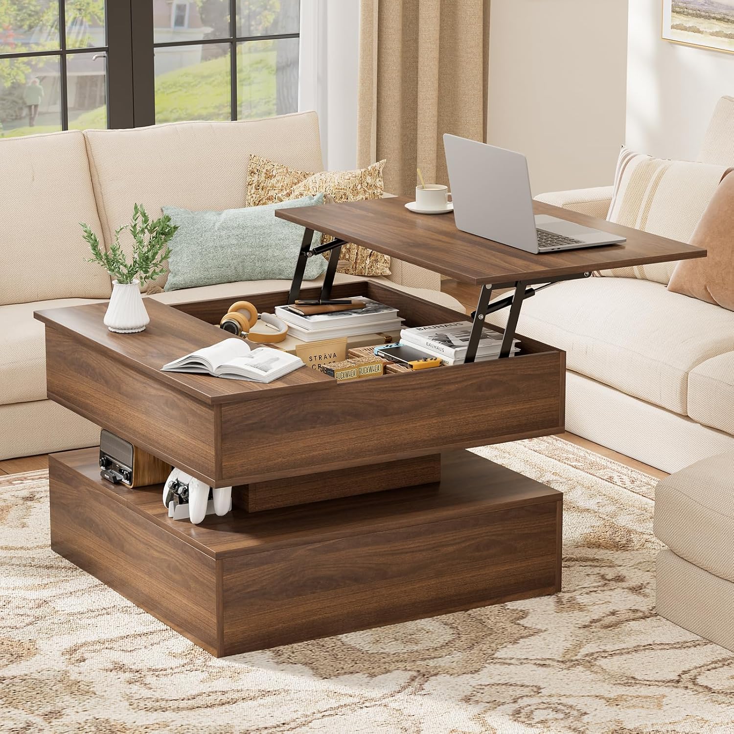 FABATO Lift Top Coffee Table with Storage and Hidden Compartment, Wood Square Coffee Table for Living Room, 31.5'' Small Center Table with Open Display Shelf for Dining Reception Room, Walnut