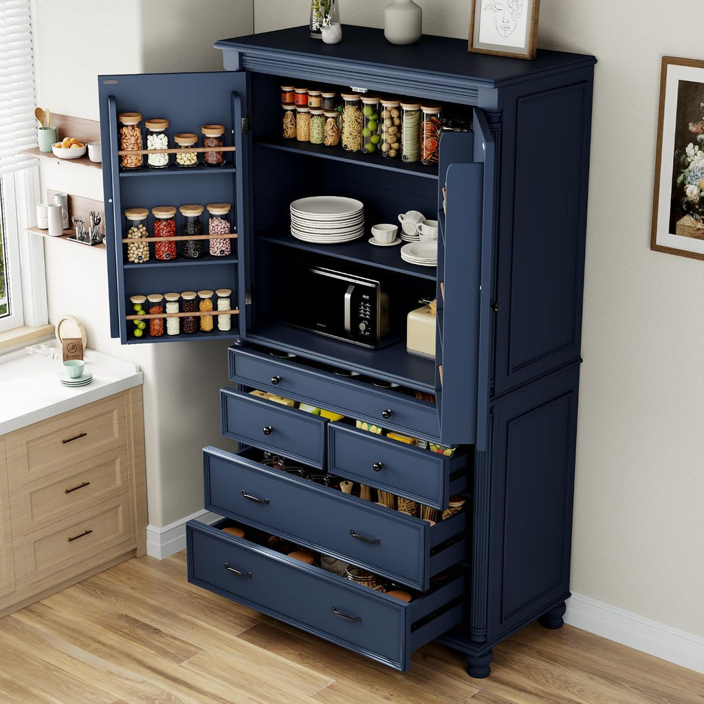 Kitchen Pantry Large Storage Freestanding，Blue-A | Extra 6 Door Shelves Adjustable Interior Pull-Out Bins Spacious Countertop Vintage Style Anti-Tip Safety