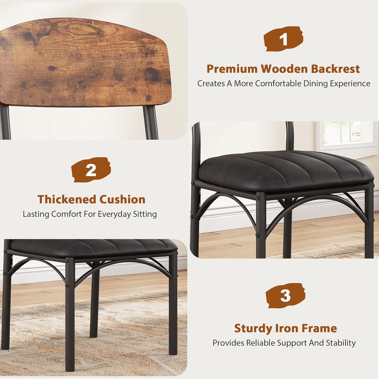 Jocoevol Dining Chairs Set of 4 - Upholstered Dining Room Chairs with PU Leather, Industrial Kitchen Chairs with Wooden Backrest and Thickened Metal Legs, for Dining Room, Living Room (Vintage)