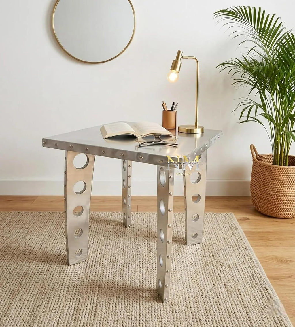 Handcrafted Aluminum Aviator Side Table- Square End Table with Retro Vintage Aircraft Style Coffee Table with Rivets and Cutout Legs Perfect for Living Room, Bedroom and Office Cafe and Rastaurants