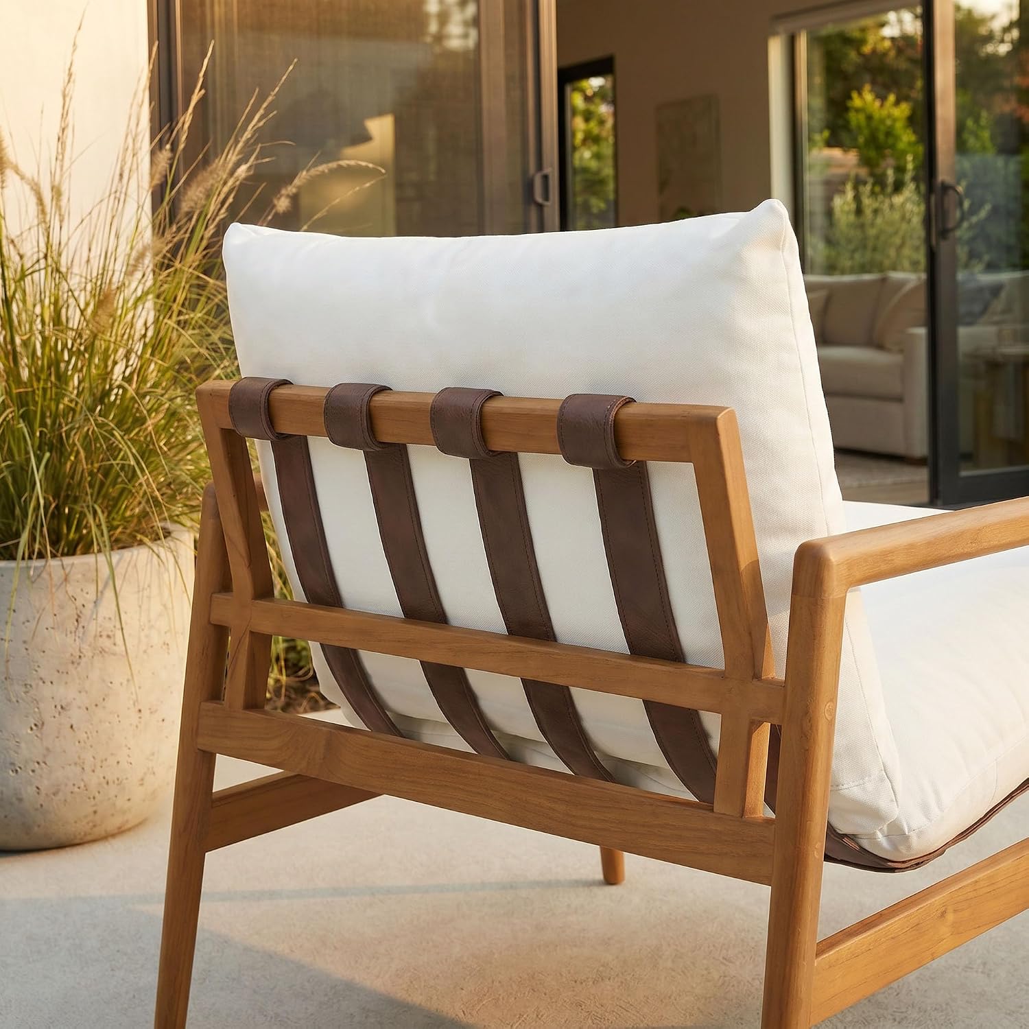 Modway Nomi Teak Wood Outdoor Sling Accent Chair in Natural White - Faux Leather Vegan Patio Armchair with Removable Cushioned Upholstery