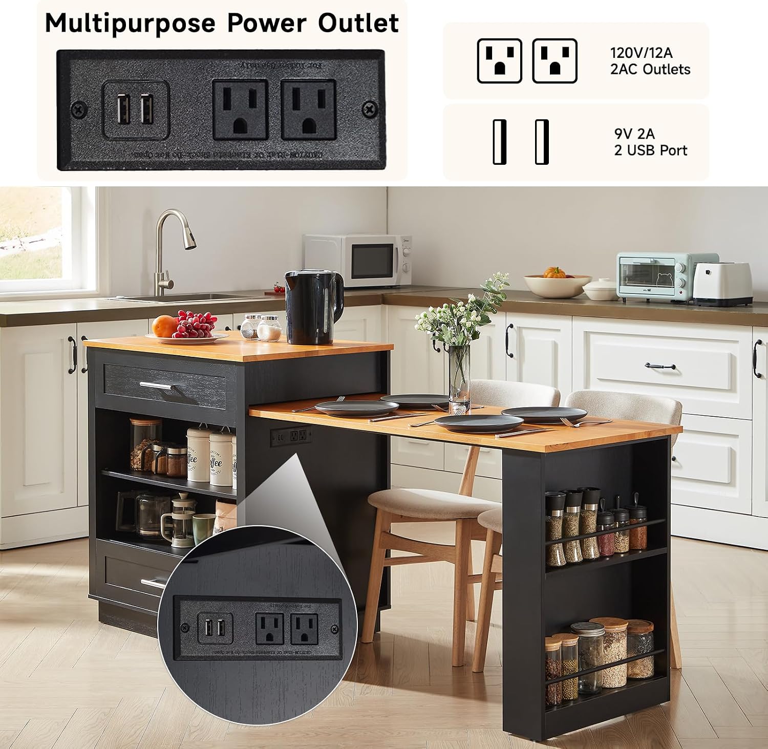 ONBRILL 76" Kitchen Islands with Extendable Dining Table, 2-4 Island Table with Double-Side Storage, Mobile Storage Islands Cart with Power Outlet & Spice Rack, Black