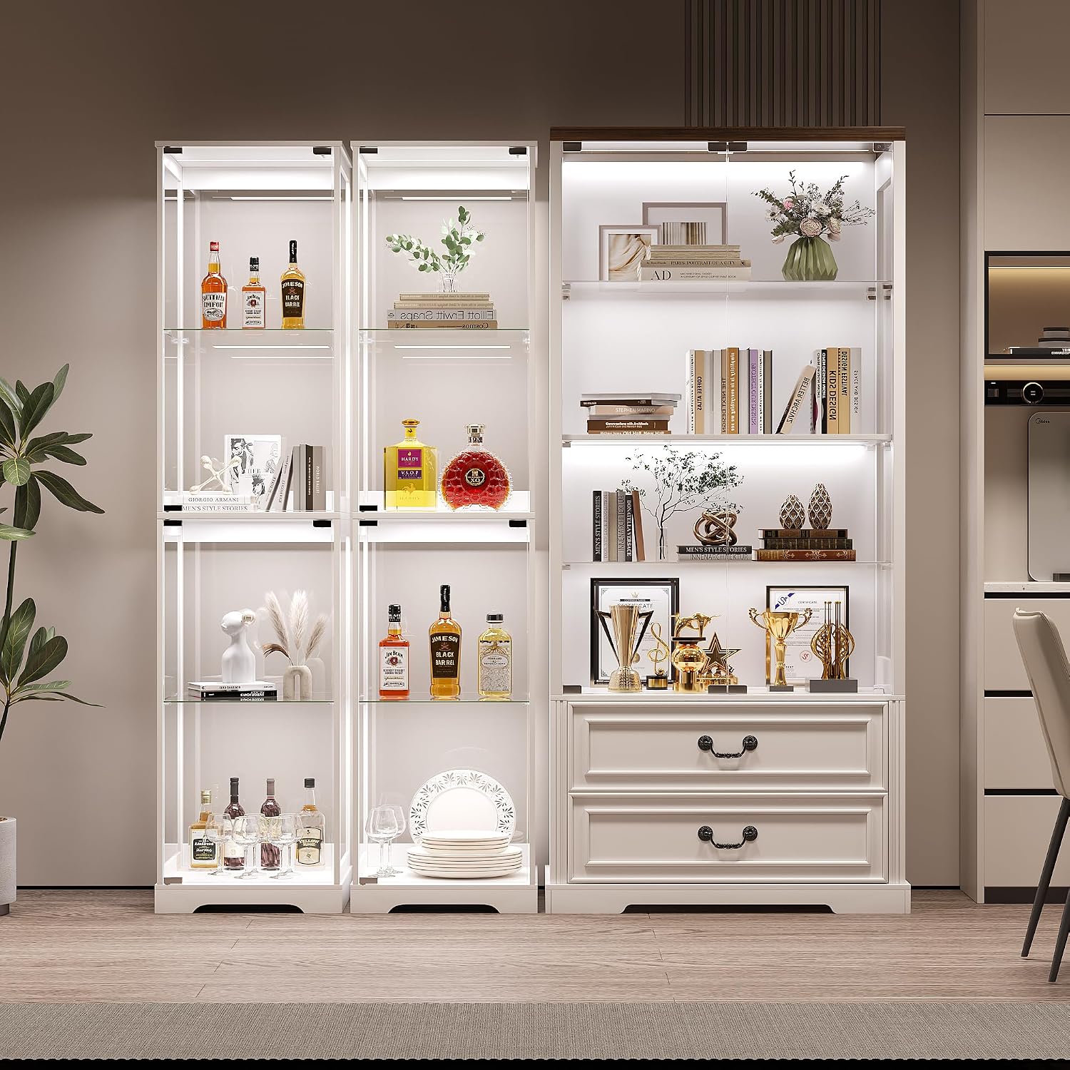 Glass Display Cabinet with Doors, 65" Tall 4-Tier Curio Display Case with 3 Color Lights and Human Body Sensor, Bookcase for Collectibles, White