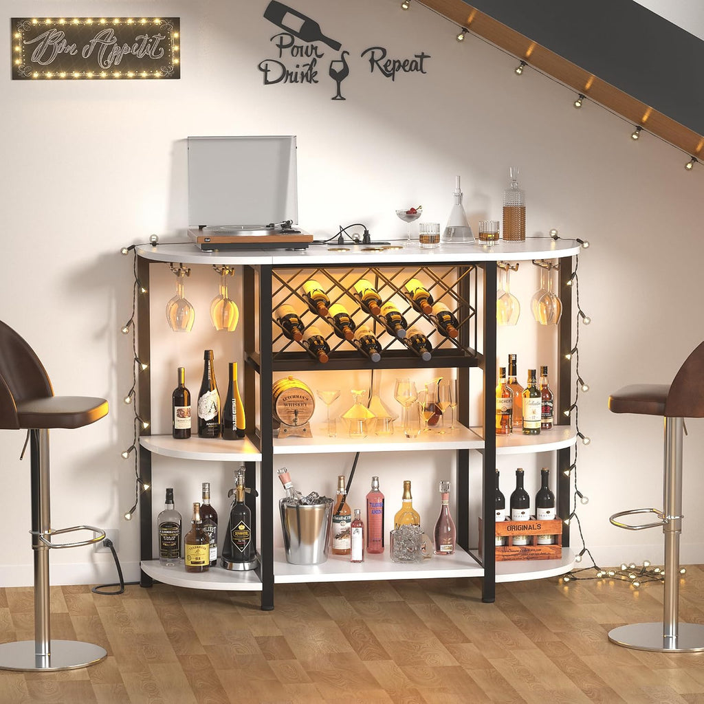 White Bar Cabinet with LED Lights & Power Outlets, 47" Curved Wine Bar Coffee Bar Cabinet with Wine Rack & Glass Holder, Liquor Cabinet Home Bar Unit for Living Room, Small Space