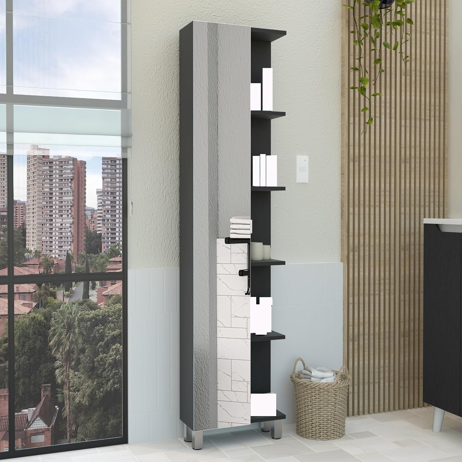 Modern Single Door Cabinet, Storage Cabinet with Five External Shelves and Four Interior Shelves,for Kitchen Home