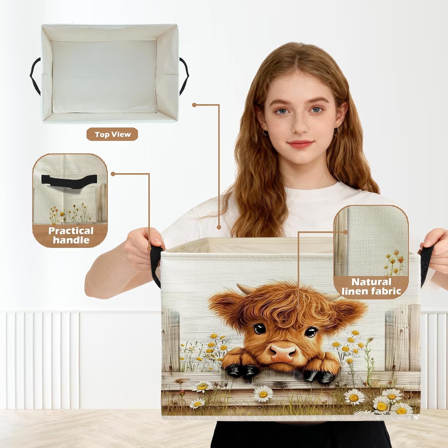Farmhouse Highland Cow Storage Box Bins, Rustic Daisy Floral Heifer Collapsible Storage Basket Organizer for Girls Bedroom Laundry Room Home Clothes Books, Decor for Room