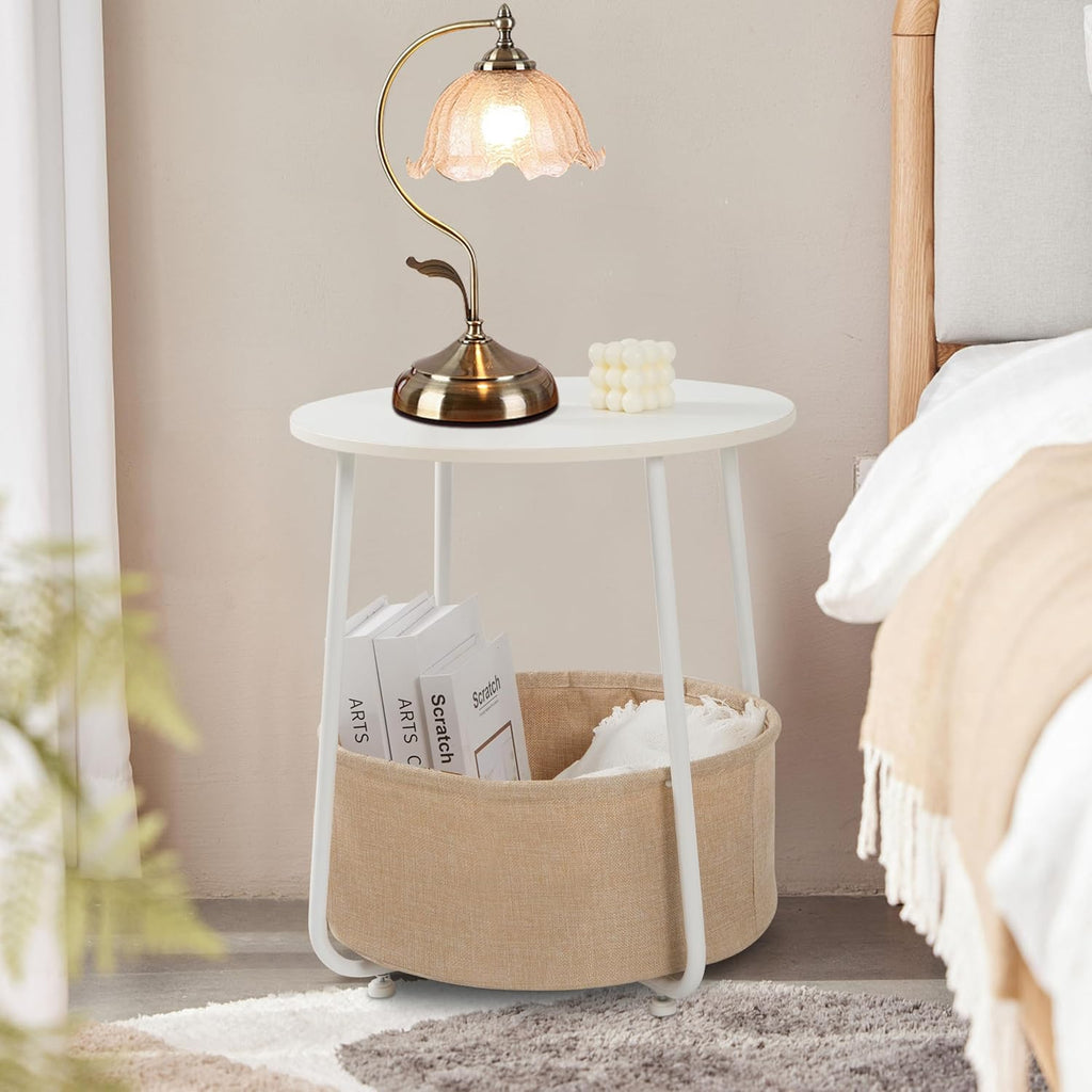 Round Side Table, End Tables for Living Room, Small Bed Side Table, Modern White Night Stand for Bedside, Nursery, Bedroom with Cloth Storage Basket