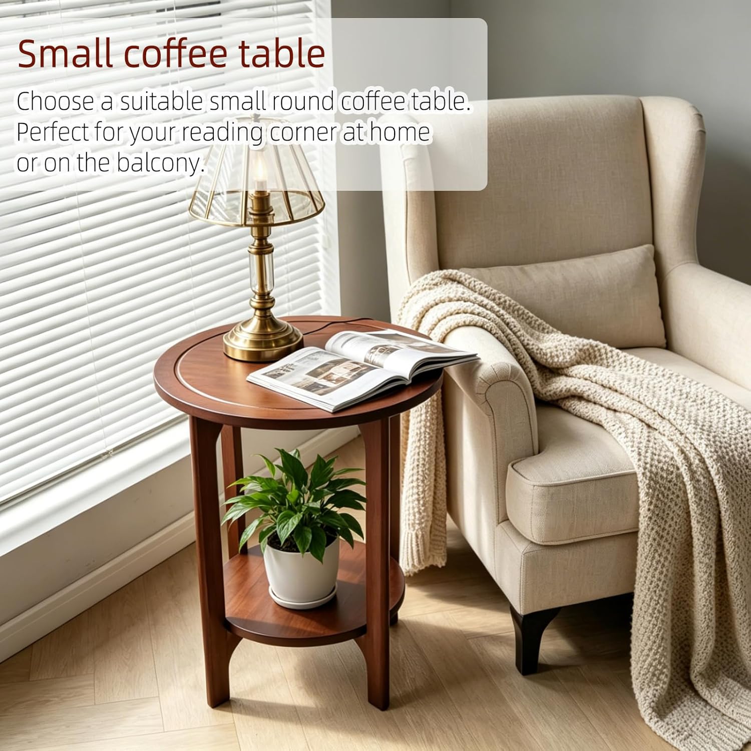 Small Round Side Table, 2-Tier Solid Wood End Table, Mid Century Modern Nightstand for Living Room, Bedroom, Easy Assembly (Walnut)