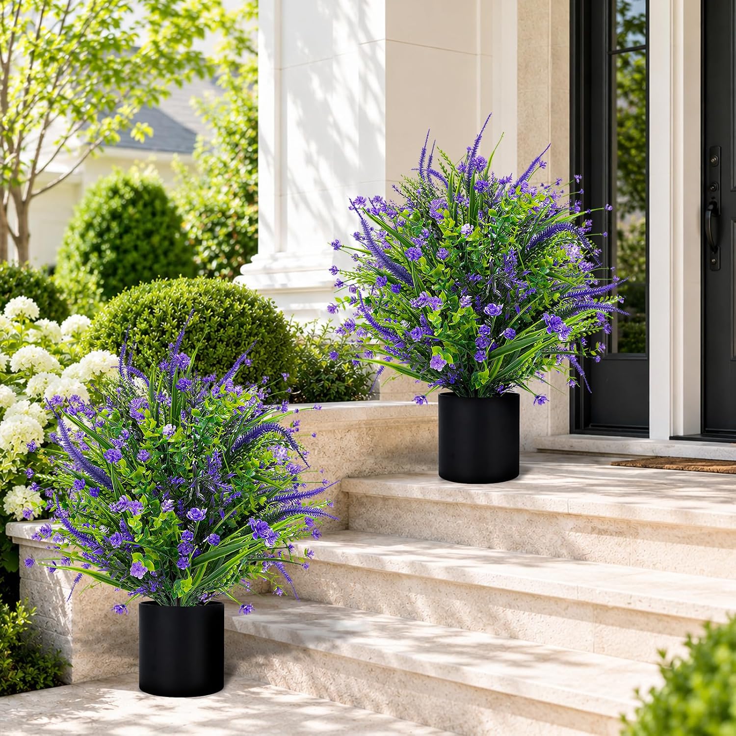 Artificial Lavender Flower Topiary Trees for Front Door UV Resistant Faux Outdoor Potted Plants, Spring Summer Greenery Fake Bushes for Front Door Farmhouse Garden Porch Outdoor Decor (Purple Flower)