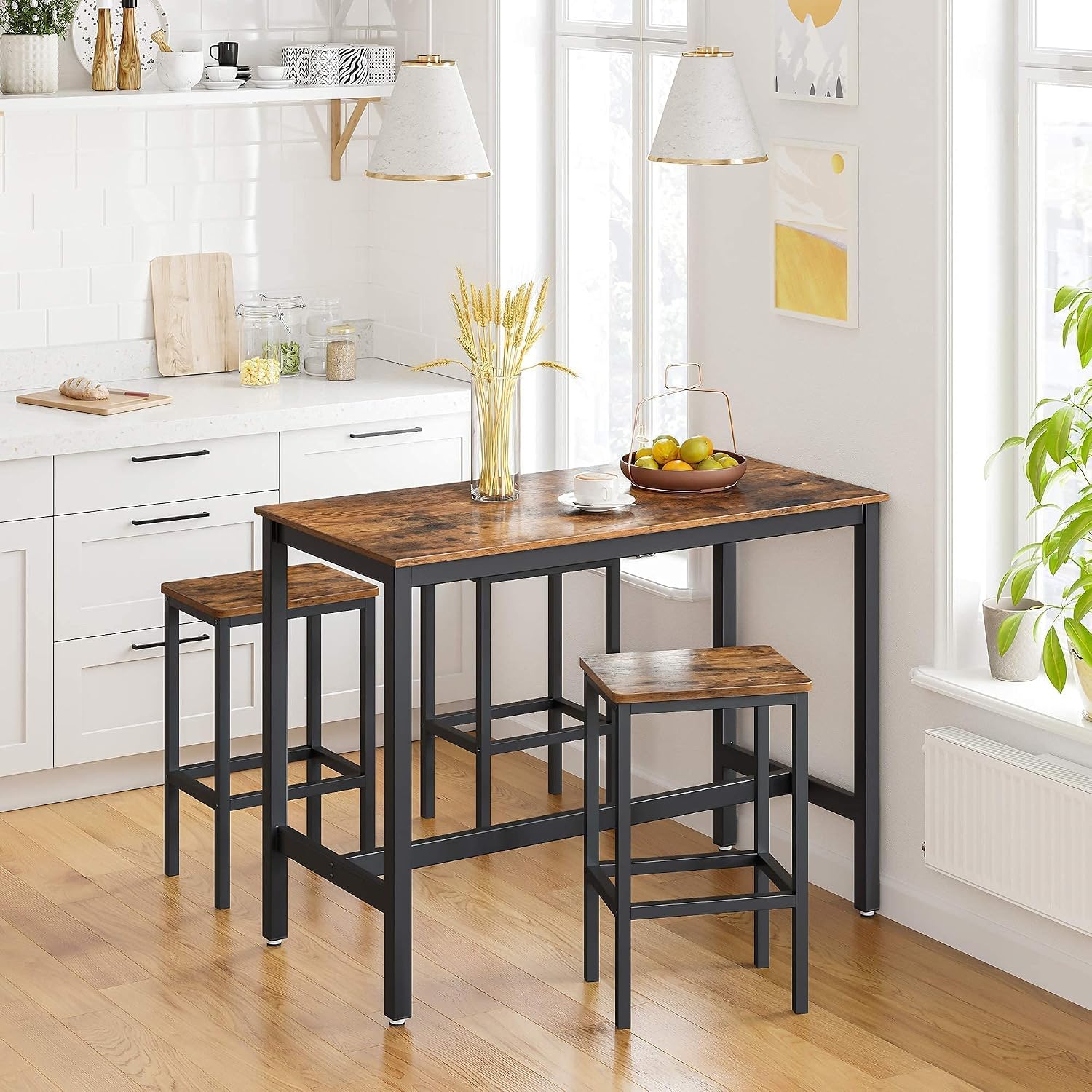 VASAGLE Bar Table with Sturdy Metal Frame, Easy Assembly, Industrial Design & Bar Stools, Set of 2 Bar Chairs, Kitchen Breakfast Bar Stools