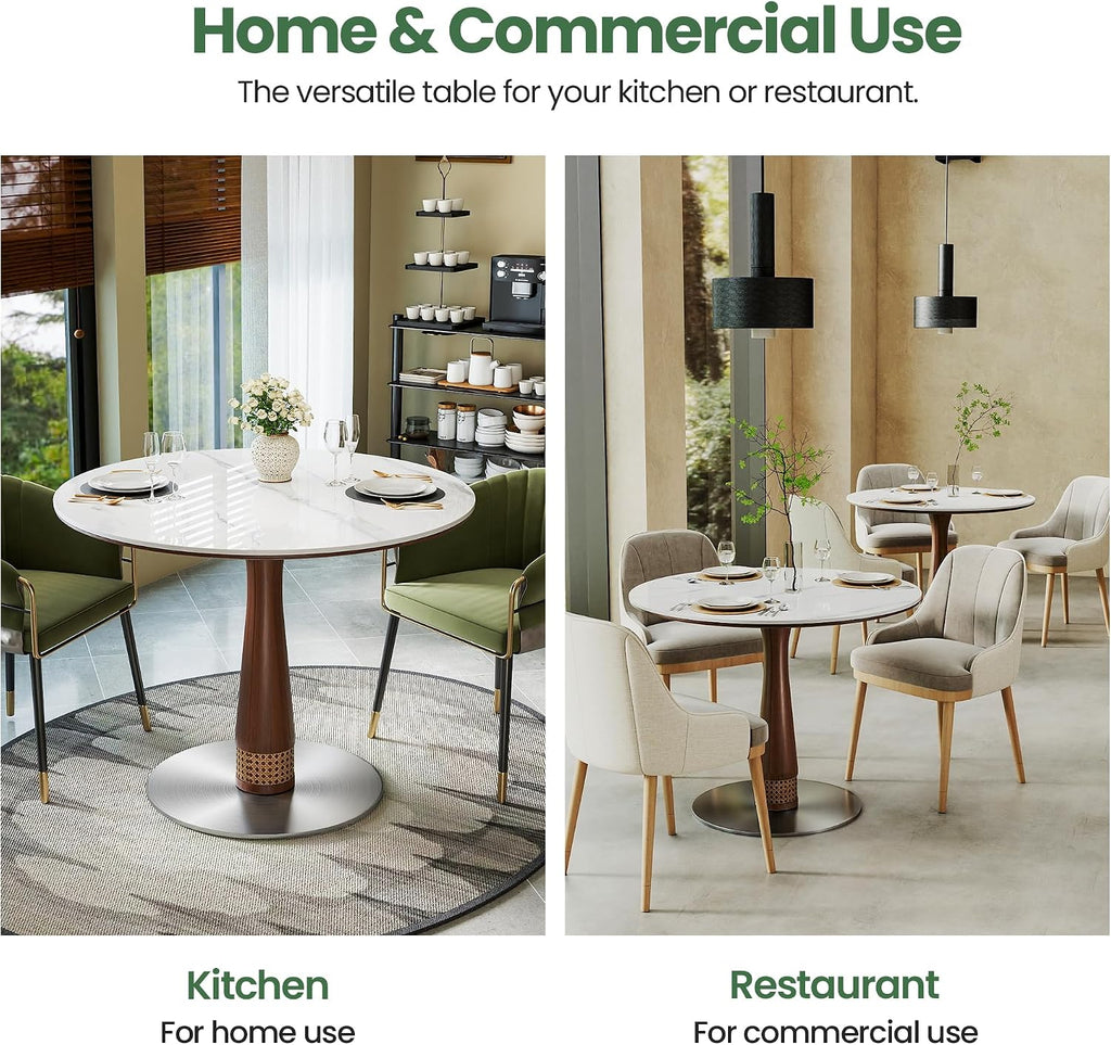 39" Round White Sintered Stone Dining Table with Pedestal Base for Kitchen Dining Room