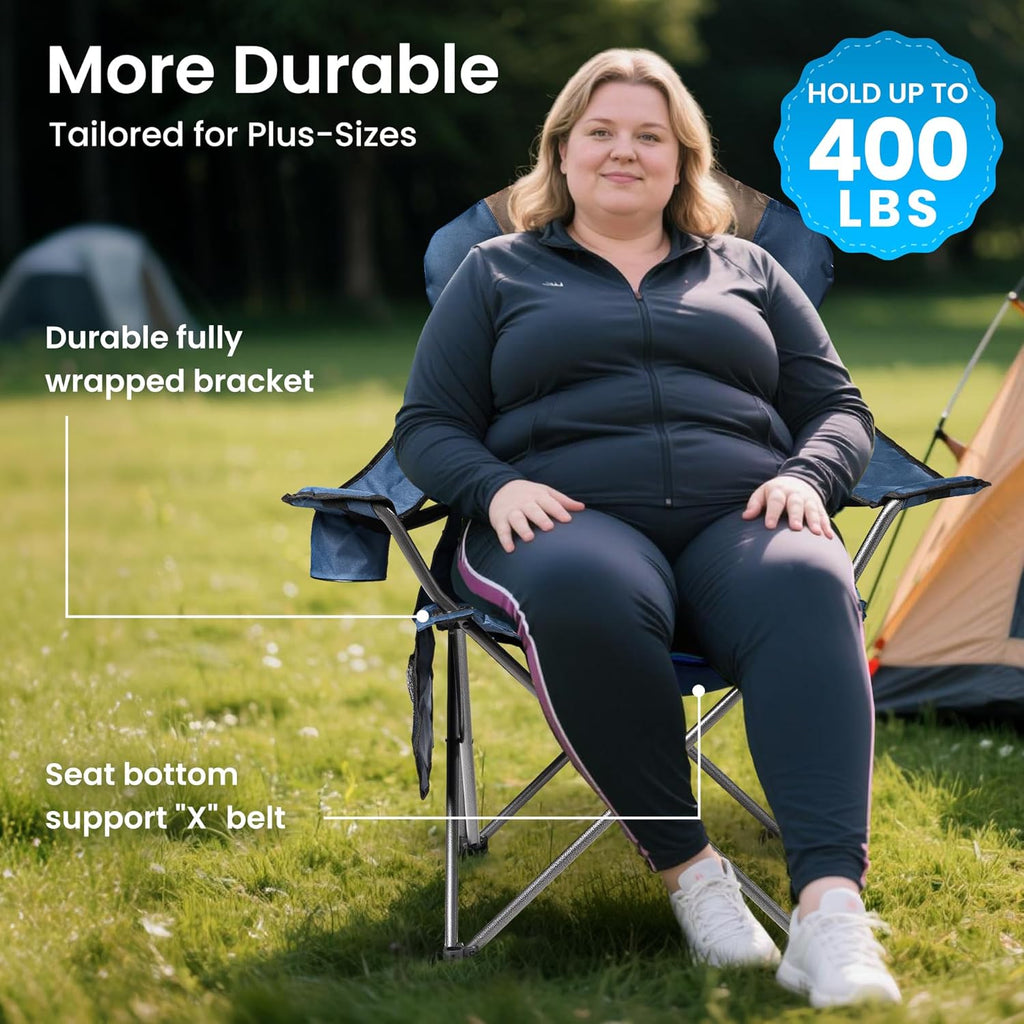 2 Pack Folding Camping Chairs for Adults - High Back Padded Outdoor Lawn Chairs with Lumbar Support & Cup Holder, 400lbs Heavy Duty Portable Camping Chairs Set (Blue & Brown, 2 PCS)